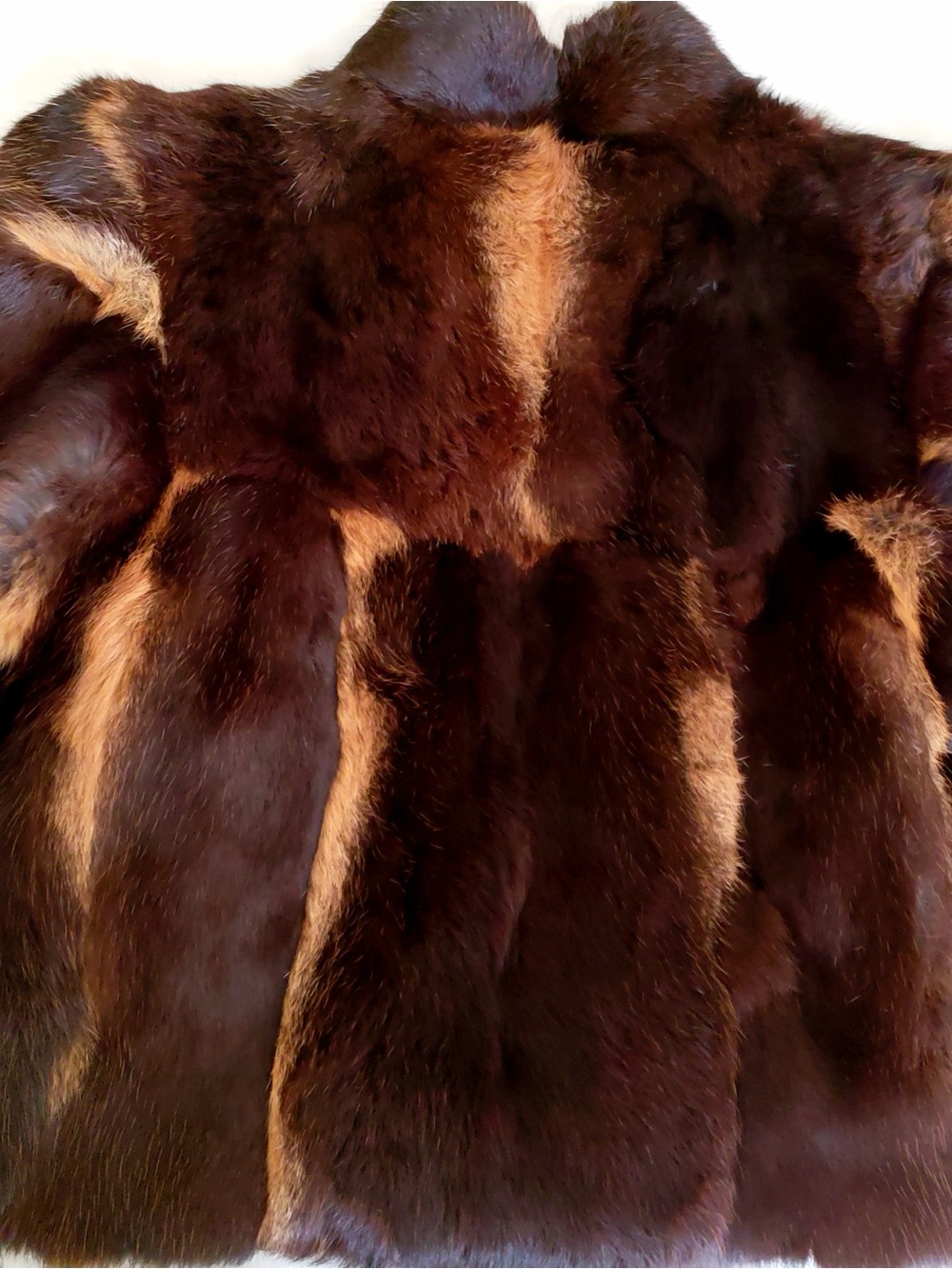 Womens M Short Fur Coat Brown Tan Stripe Long Sleeve with Fur Trim
